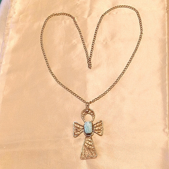 Angel Cross Pendant!  Large Turquoise Stone in Filigree Pewter Cross! 👼✝️ - Picture 3 of 6